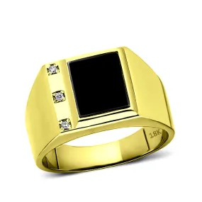 18K Real Yellow Fine Gold Black Onyx Mens Ring with 3 Natural Diamonds Accents