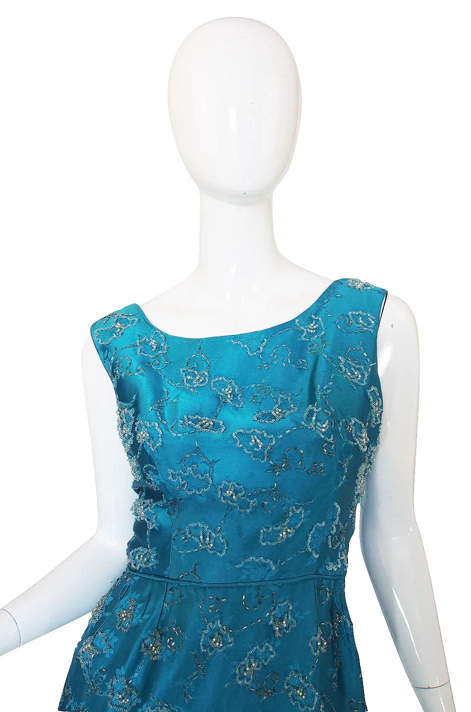 1950s Fully Beaded Brillant Turquoise Gown