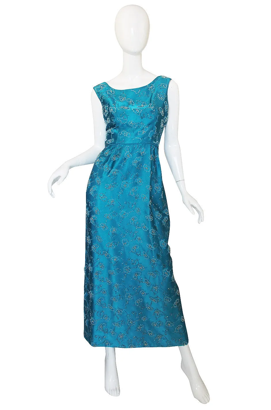 1950s Fully Beaded Brillant Turquoise Gown