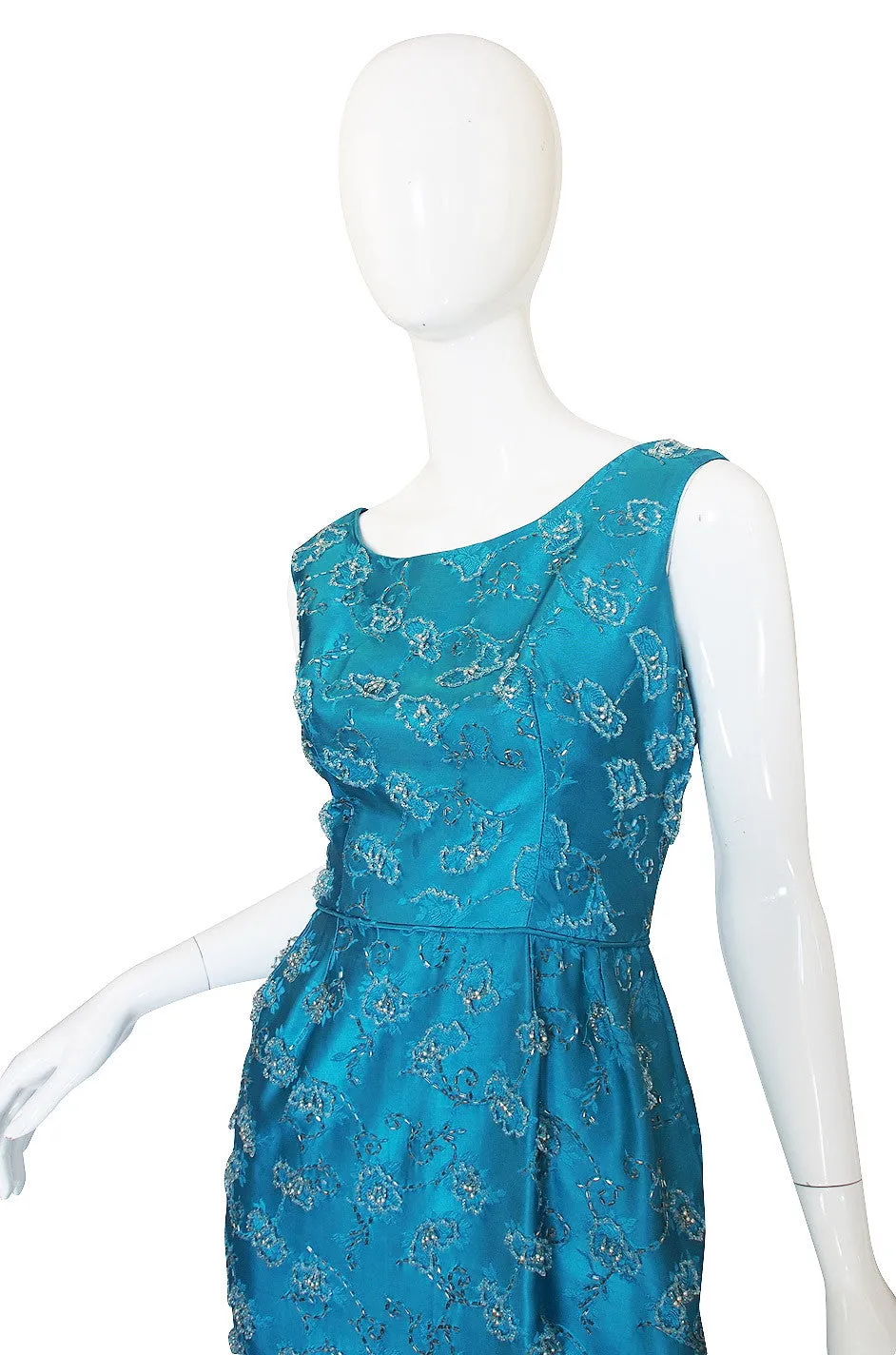 1950s Fully Beaded Brillant Turquoise Gown