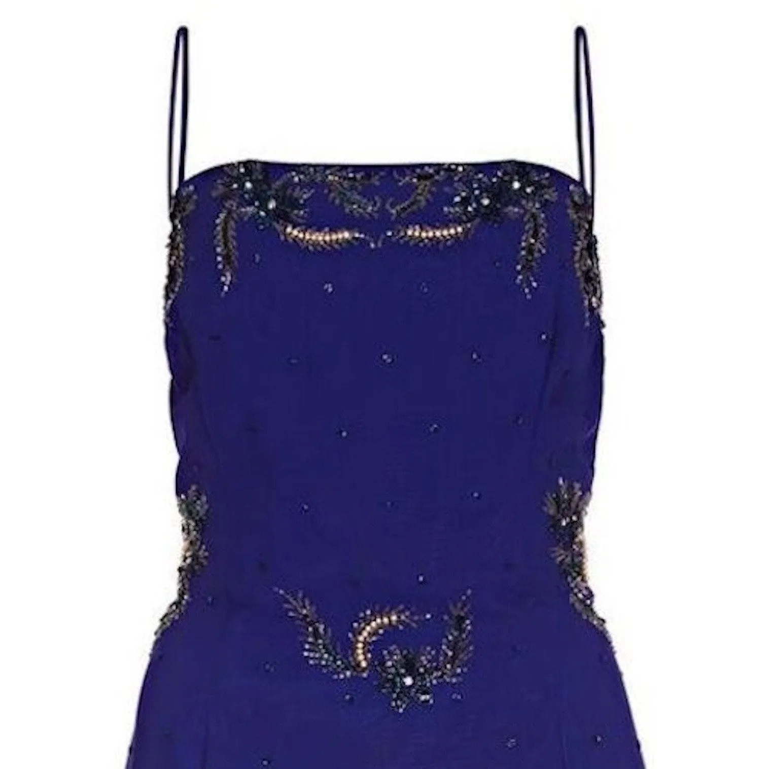 1950s Selfridges Midnight Blue Chiffon Beaded Dress