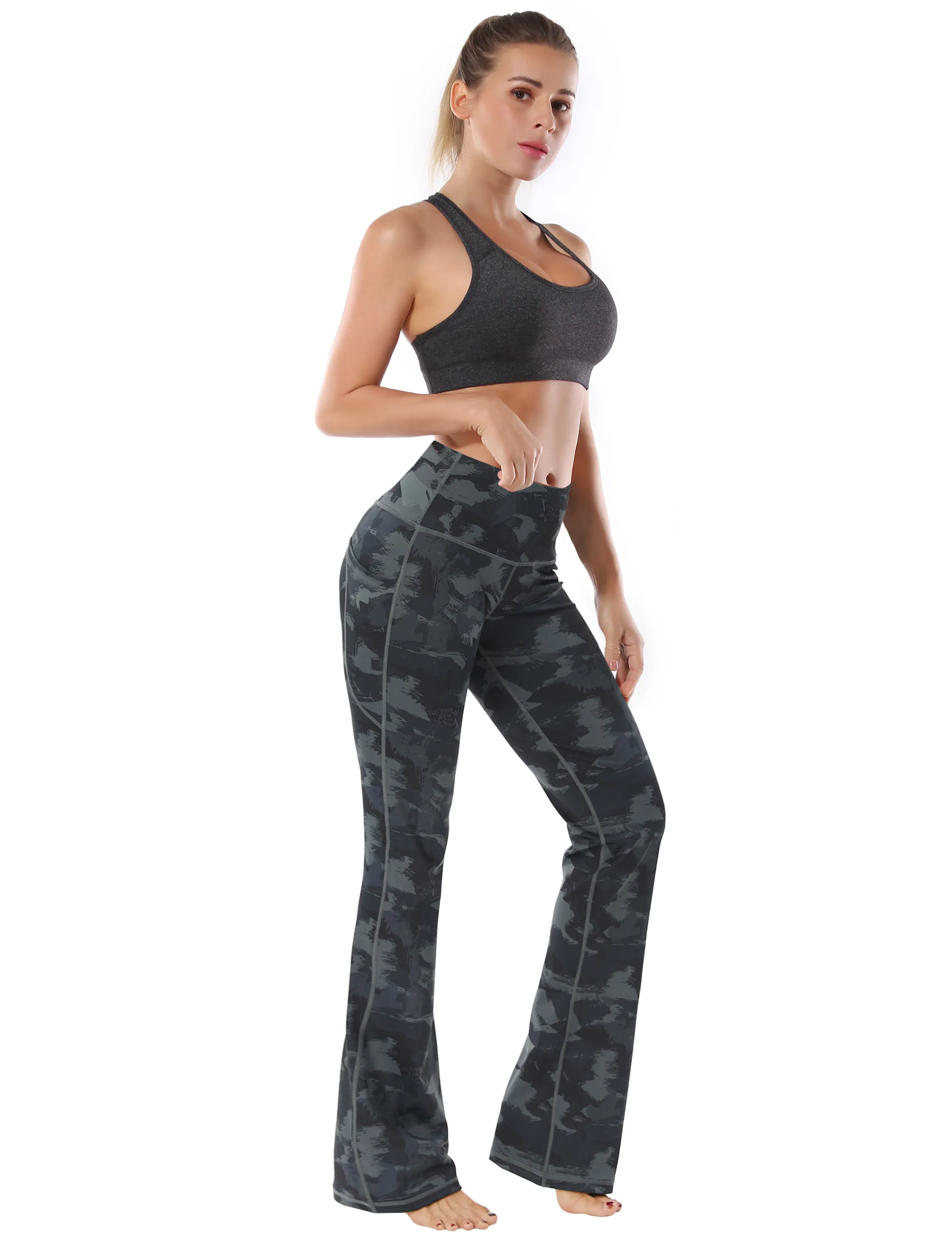 29" 31" 33" 35" 37"  Side Pockets Printed Bootcut Leggings dimgray brushcamo