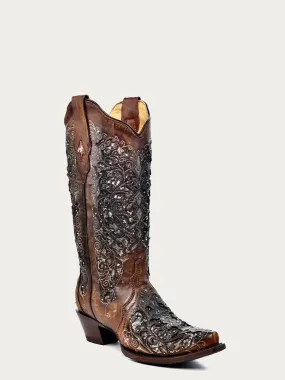 A3671A - WOMEN'S BLACK GLITTER INLAY FLORAL OVERLAY WITH CRYSTALS AND STUDS SNIP TOE COGNAC COWBOY BOOT