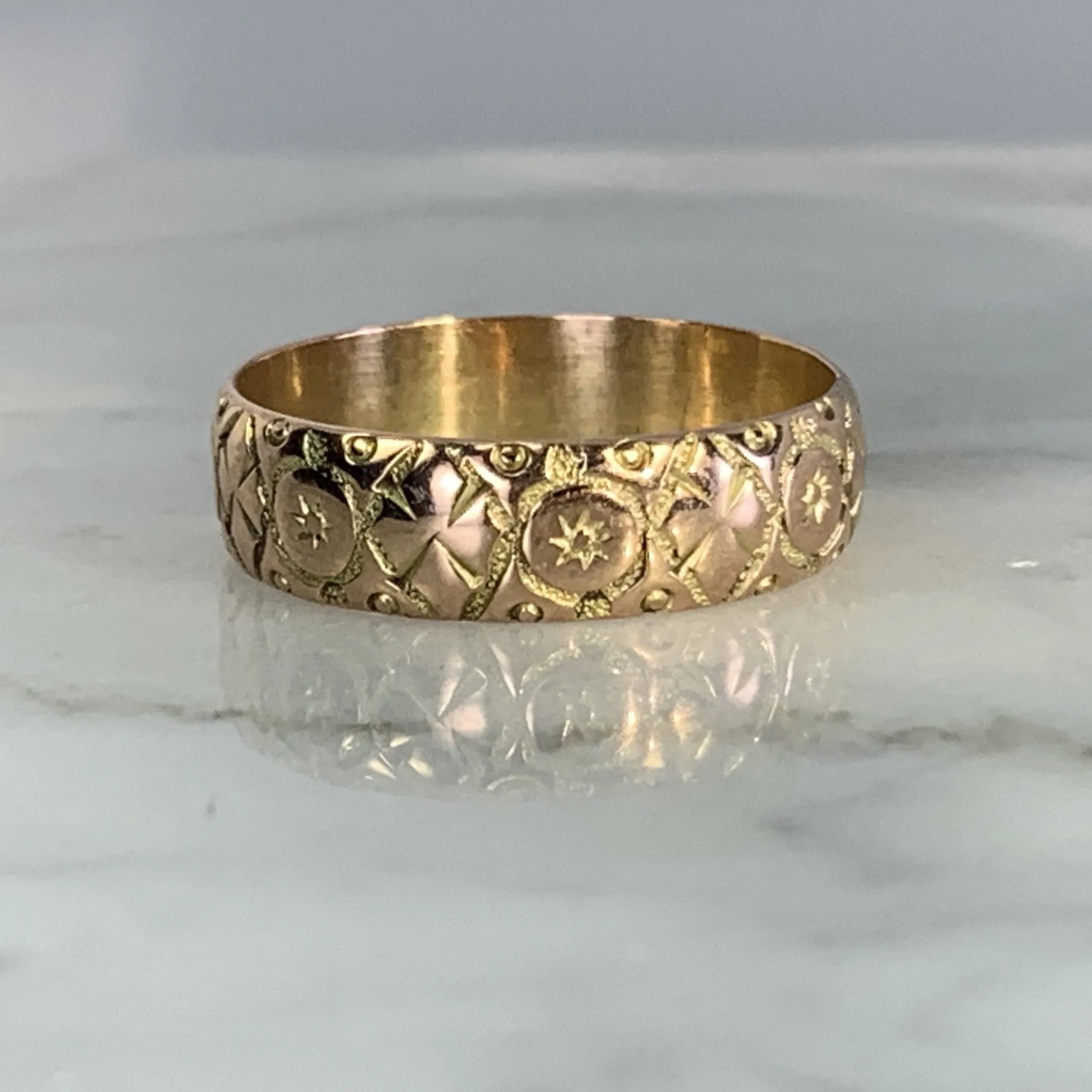 Antique 1920s Etched Rose Gold Wedding Band with Art Nouveau Design. Stacking or Thumb Ring.