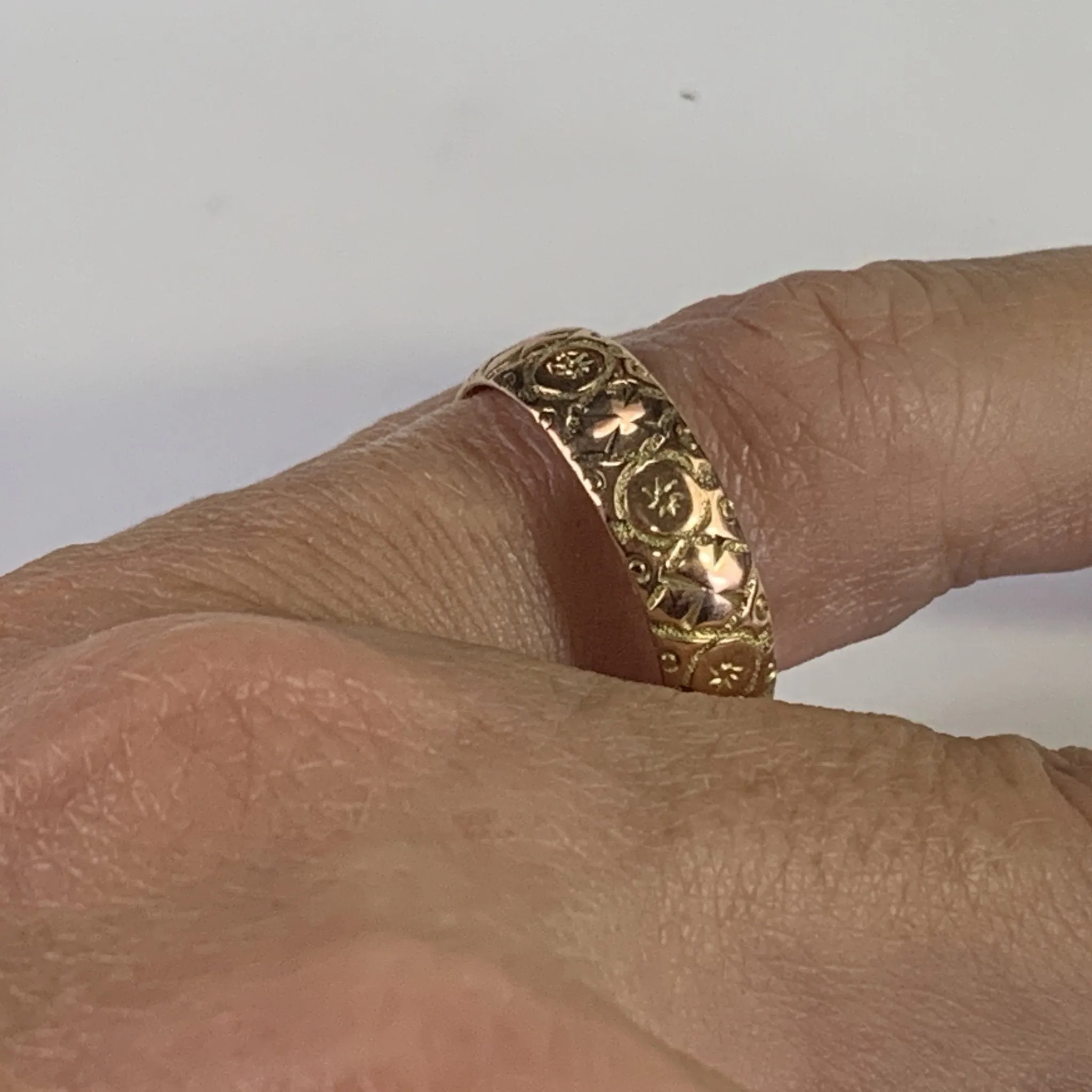 Antique 1920s Etched Rose Gold Wedding Band with Art Nouveau Design. Stacking or Thumb Ring.