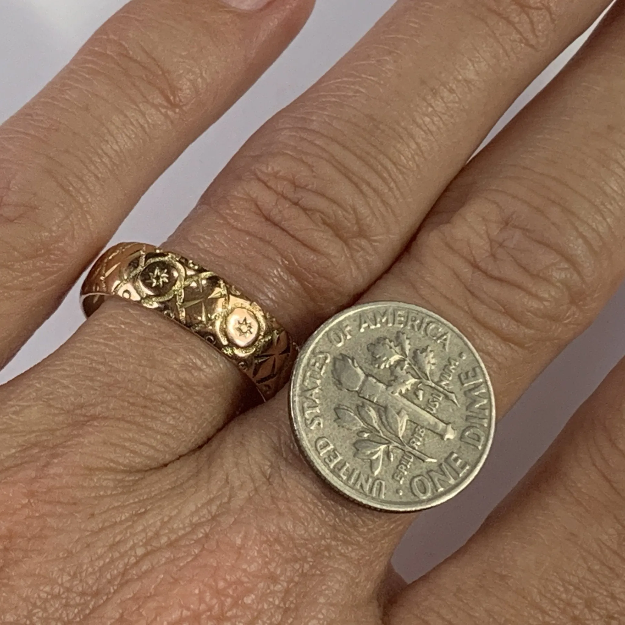 Antique 1920s Etched Rose Gold Wedding Band with Art Nouveau Design. Stacking or Thumb Ring.