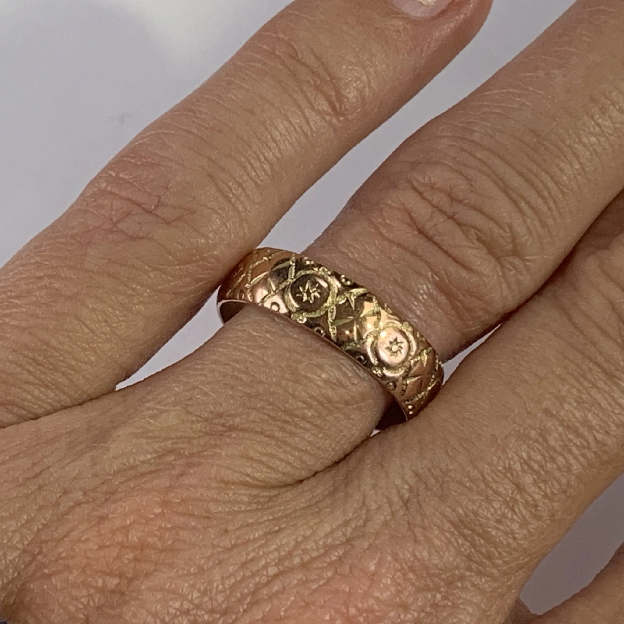 Antique 1920s Etched Rose Gold Wedding Band with Art Nouveau Design. Stacking or Thumb Ring.