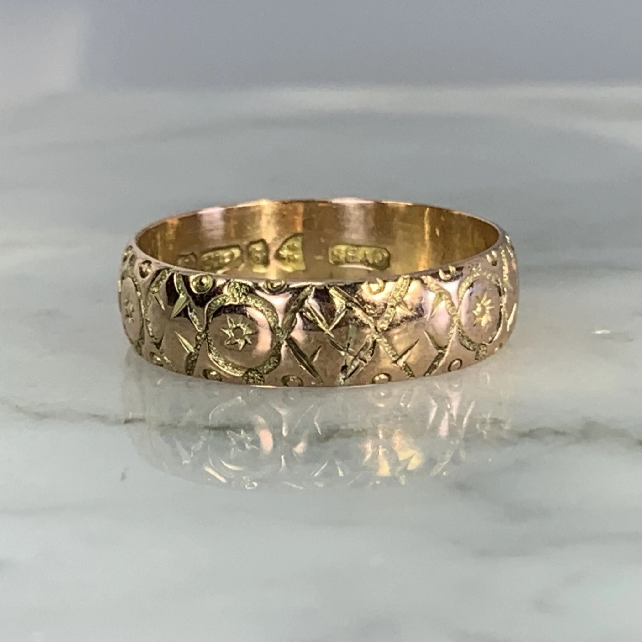 Antique 1920s Etched Rose Gold Wedding Band with Art Nouveau Design. Stacking or Thumb Ring.