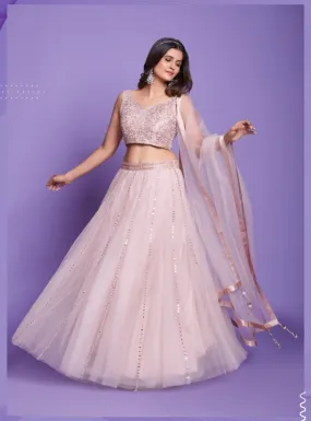 Baby Pink Lehenga With Silver Mirror Embroidery- Rent