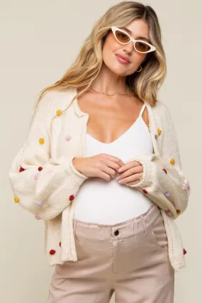 Beige PomPom Maternity Cardigan