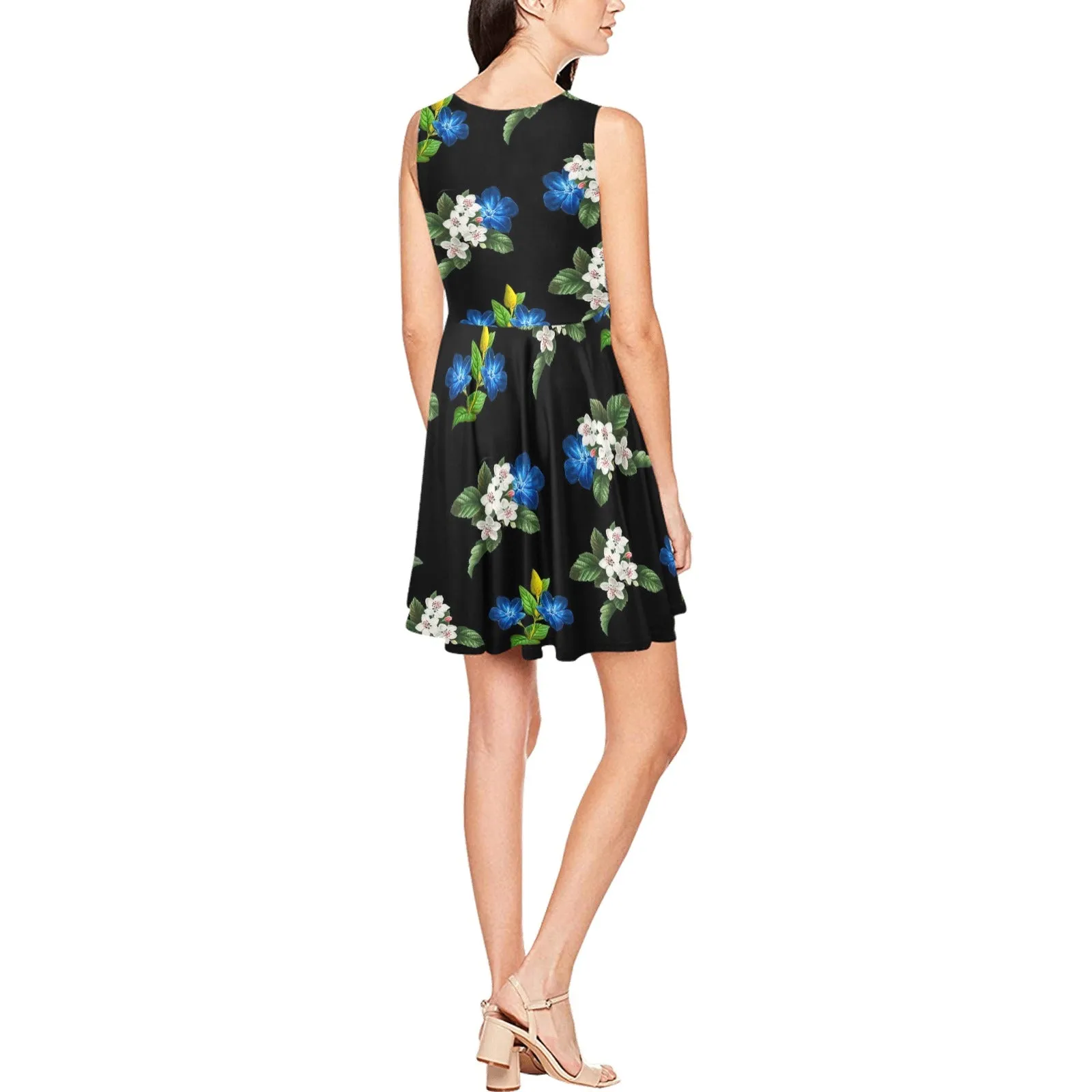 black back med size blue gold white floral print Thea Sleeveless Skater Dress(Model D19)