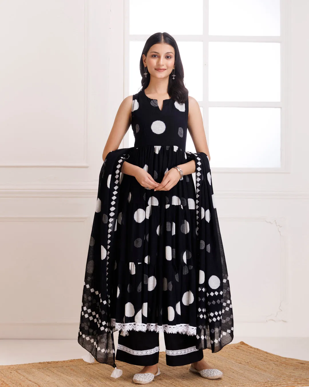 Black Moonga Polka Dot Hand Block Print Anarkali Suit Set