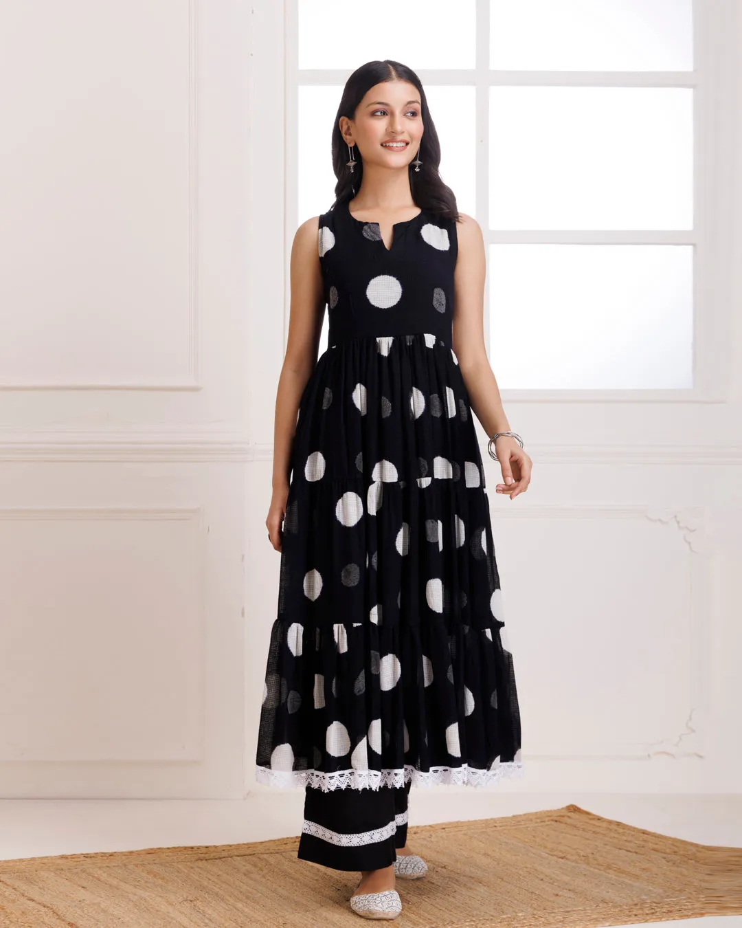 Black Moonga Polka Dot Hand Block Print Anarkali Suit Set