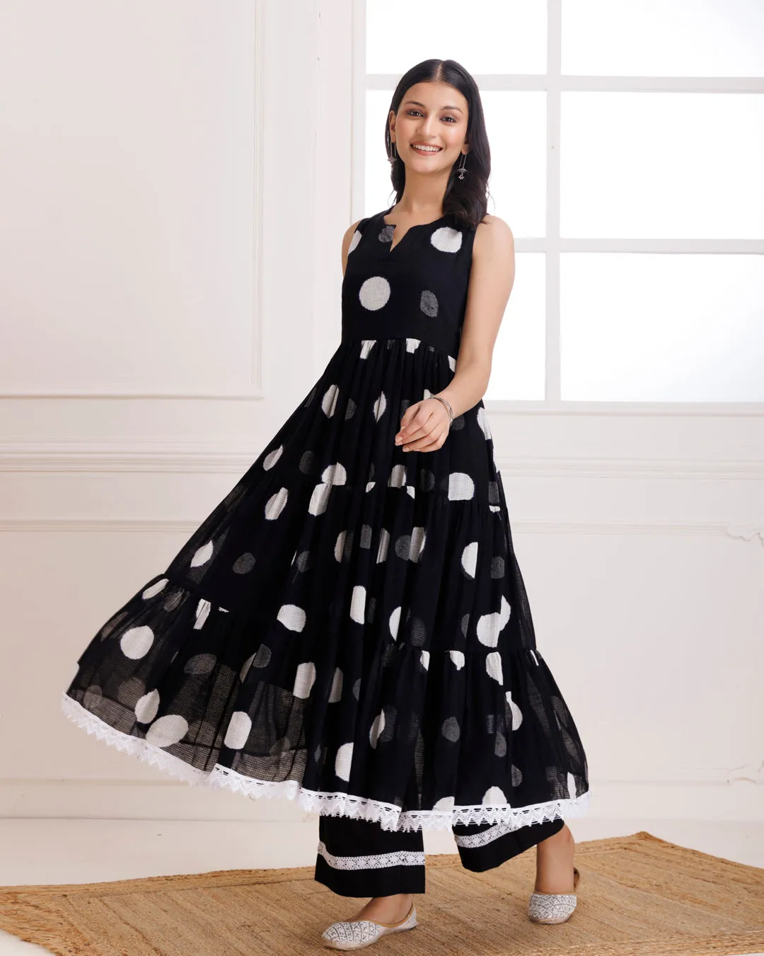 Black Moonga Polka Dot Hand Block Print Anarkali Suit Set