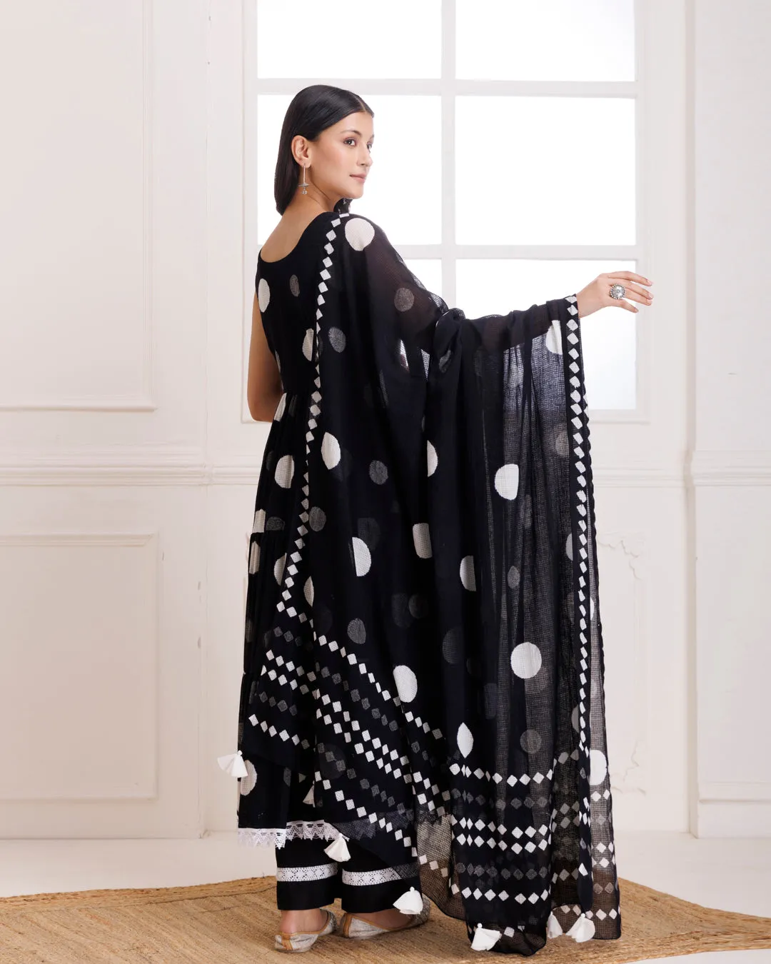 Black Moonga Polka Dot Hand Block Print Anarkali Suit Set