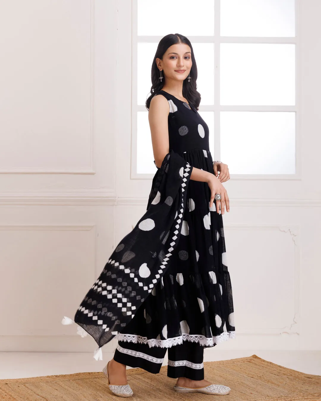 Black Moonga Polka Dot Hand Block Print Anarkali Suit Set