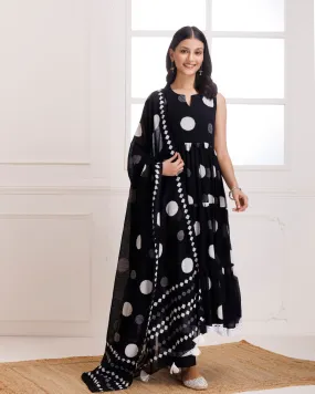 Black Moonga Polka Dot Hand Block Print Anarkali Suit Set