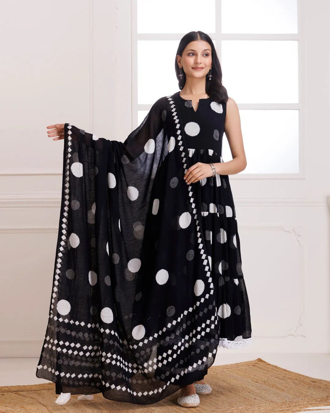 Black Moonga Polka Dot Hand Block Print Anarkali Suit Set