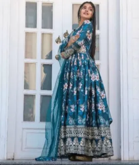 Blue Heavy Crush Pleating Chinon Silk Floral Anarkali Gown Suit Set