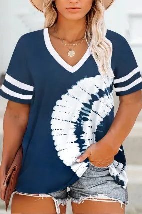 Blue Palm Tree Leaves Print Striped Short Sleeve V Neck T-shirt