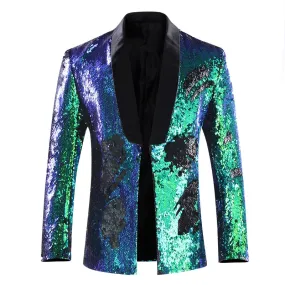 Bluish Green Buttonless Reversible Sequins Satin Collar Blazer