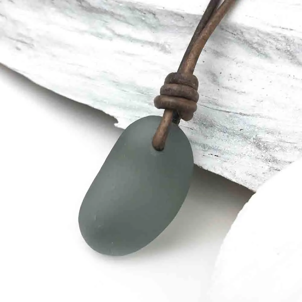 Bottle Bottom Deep Gray Sea Glass Leather Necklace | #1623