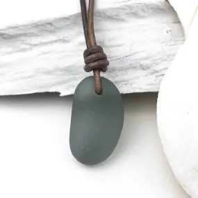 Bottle Bottom Deep Gray Sea Glass Leather Necklace | #1623