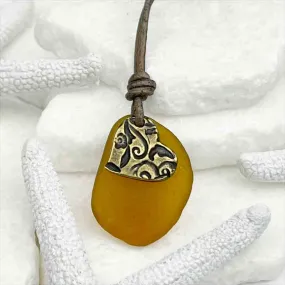 Bright Amber Sea Glass with Bronze Heart Charm on a Leather Necklace | #5102