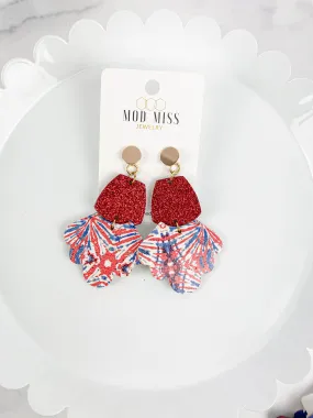 Cork Scalloped Stud Earrings Red Glitter Patriotic