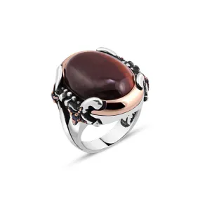 Domic Ellipse Dark Tiger Eye Stone Silver Men's Ring Siding Double Sword