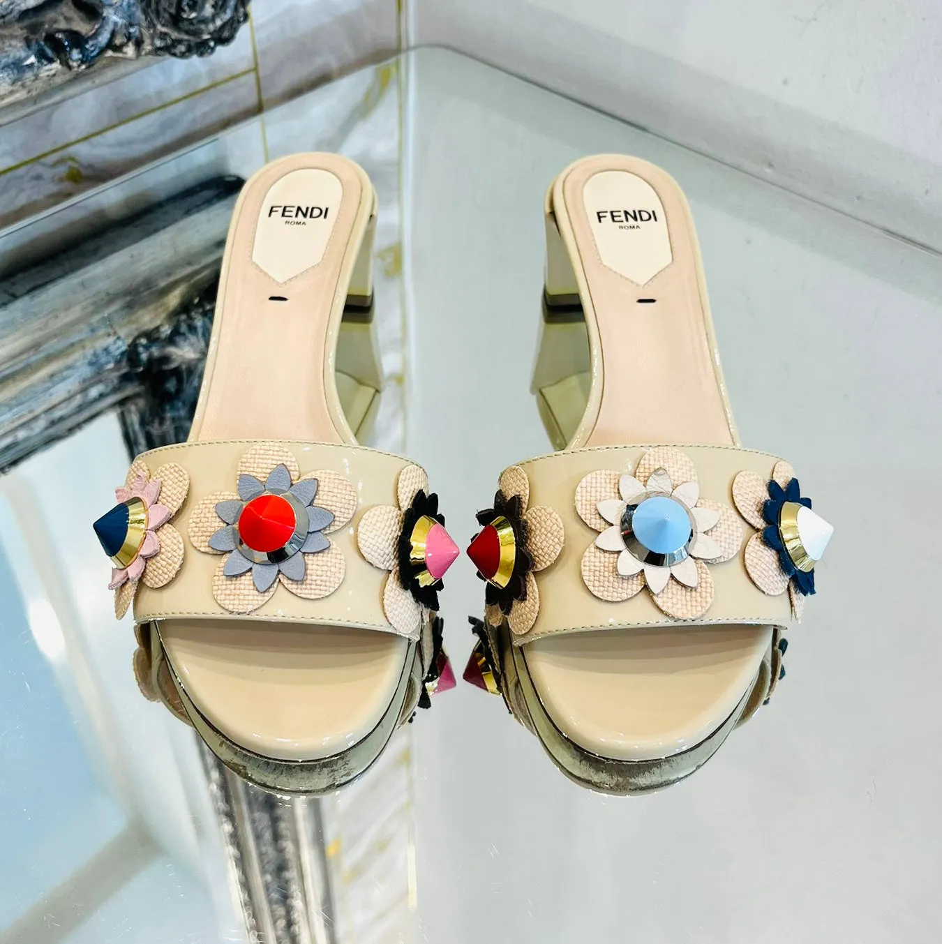 Fendi 3D Flowerland Patent Leather Mules. Size 35