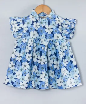 Floral print top with frills at neck & armhole with front button down opening-Blue