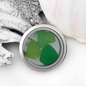 Green Glow Sea Glass Porthole Locket Necklace | #1684