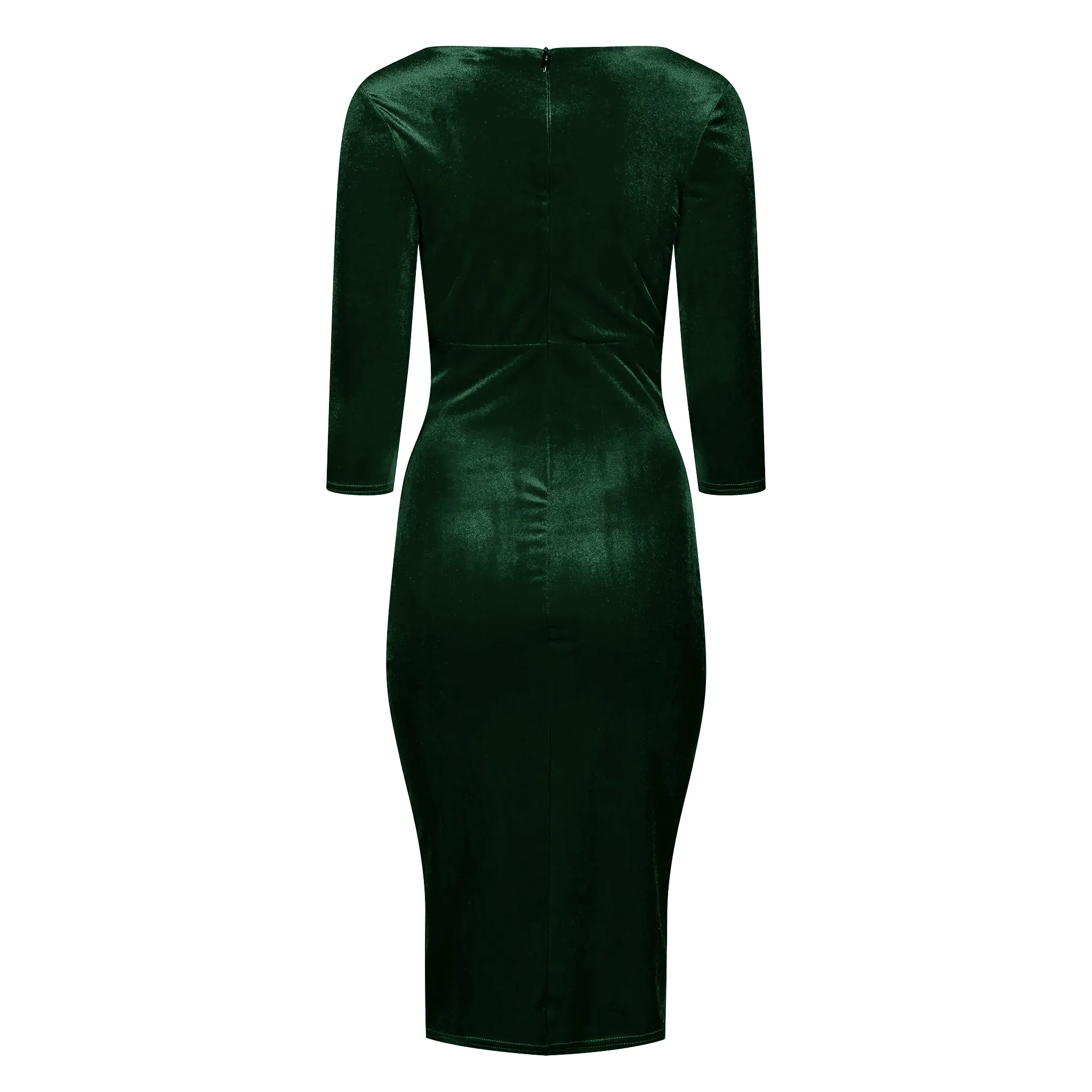 Green Velour Boatneck 3/4 Sleeve Bodycon Gathered Waist Wiggle Dress