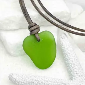 Heart-Shaped Kelly Green Sea Glass Leather Necklace | #5019