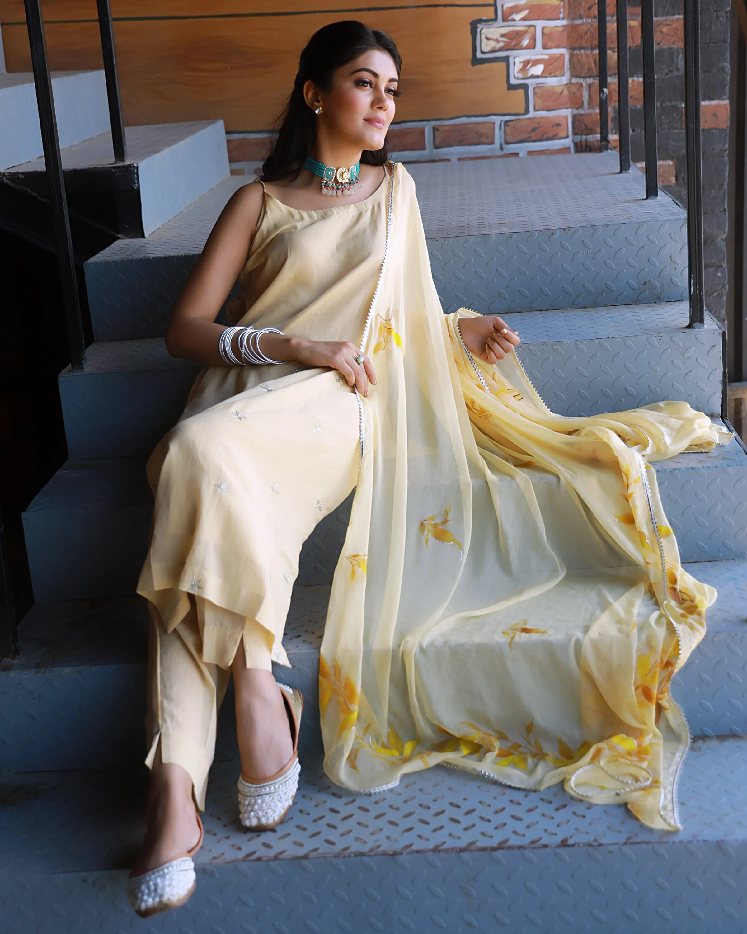 Heer Beige Hand Embroidered Silk Kurta Pant with Hand Painted Dupatta