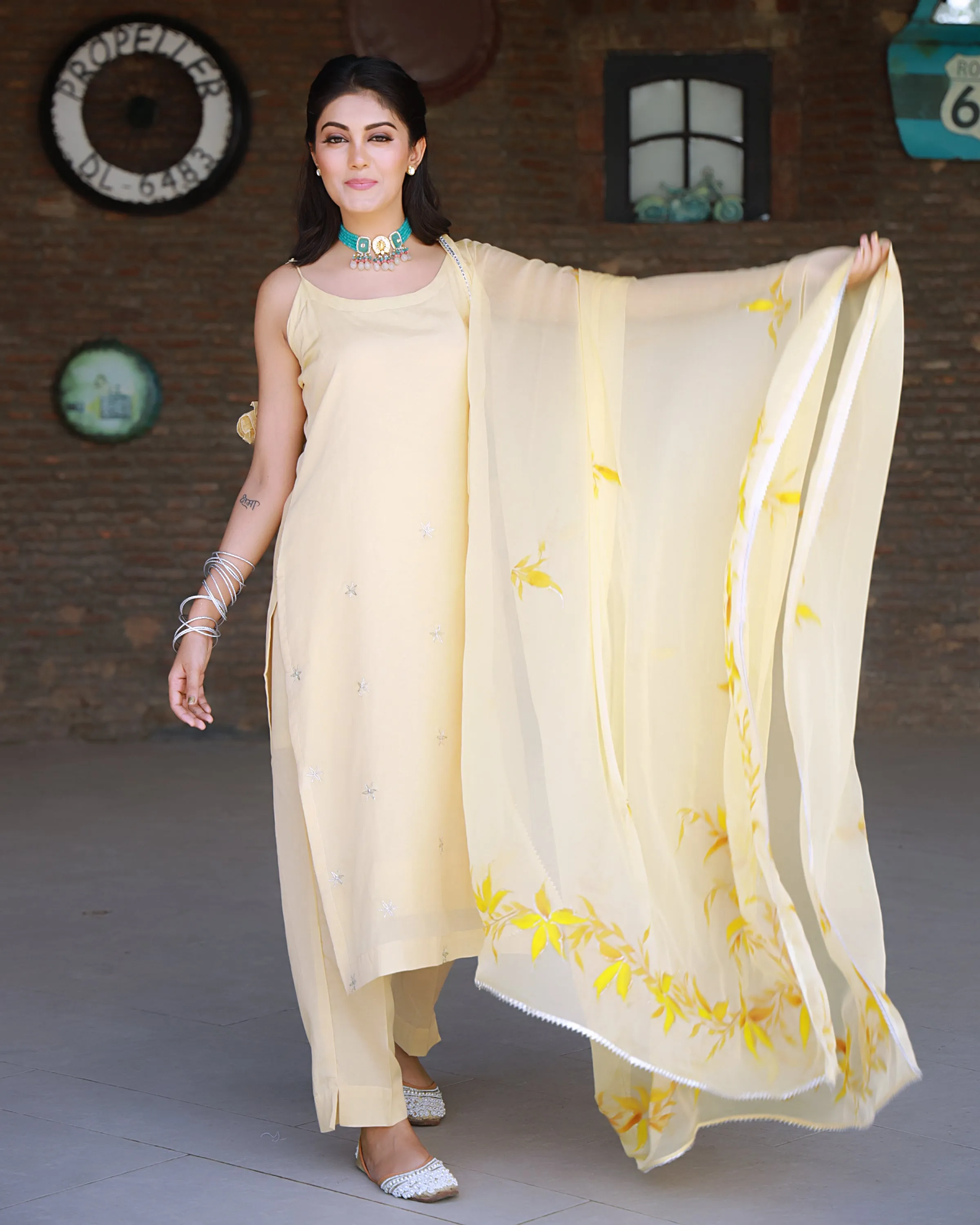 Heer Beige Hand Embroidered Silk Kurta Pant with Hand Painted Dupatta