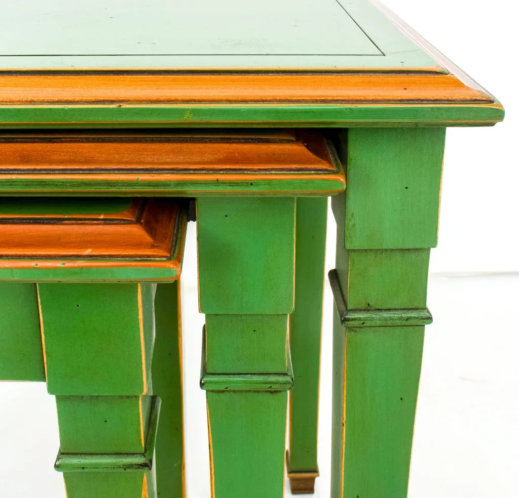 Jansen Style Green Lacquer & Gilt Nesting Tables, Set of Three