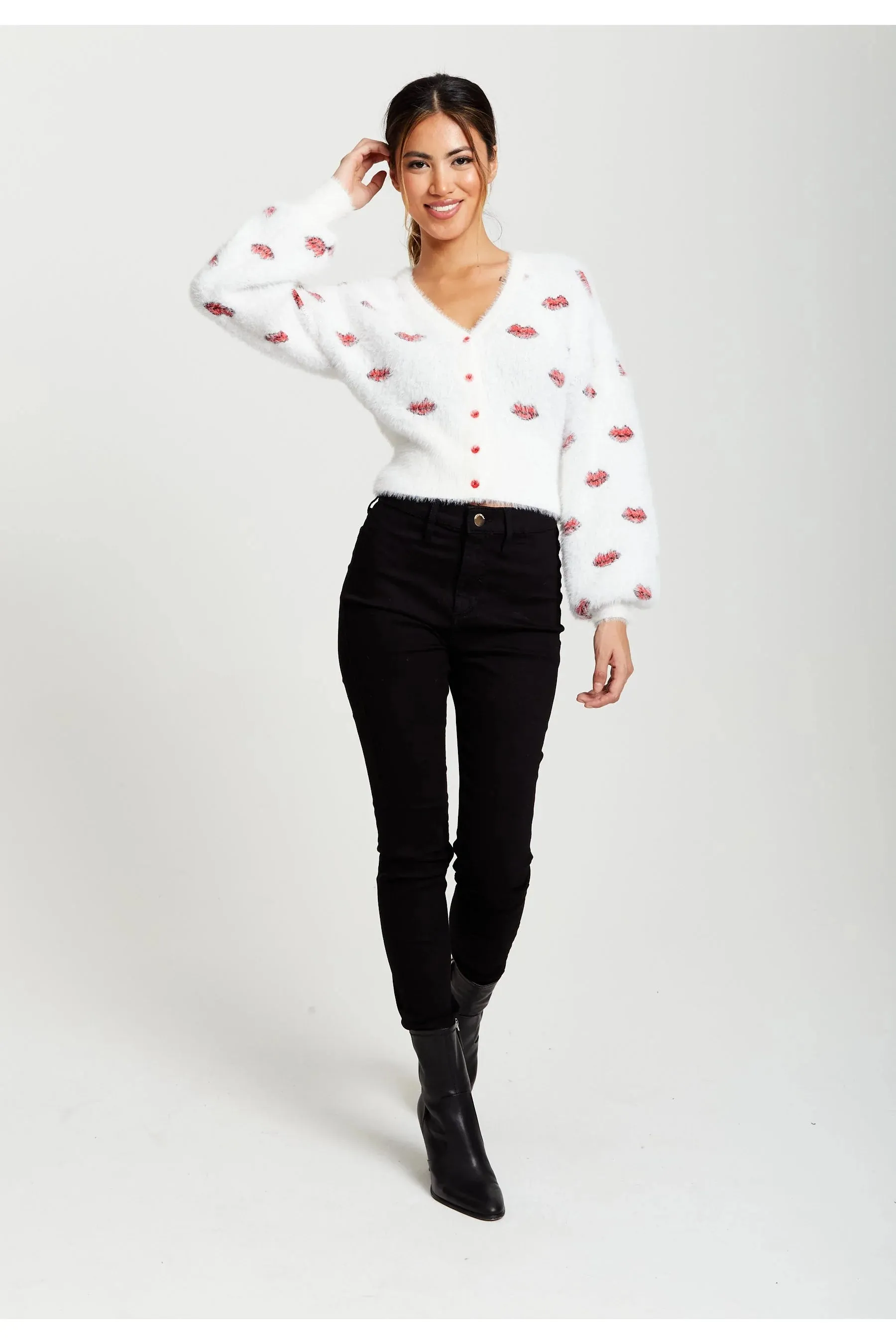 Liquorish Red Lip Pattern Fluffy Cardigan In White