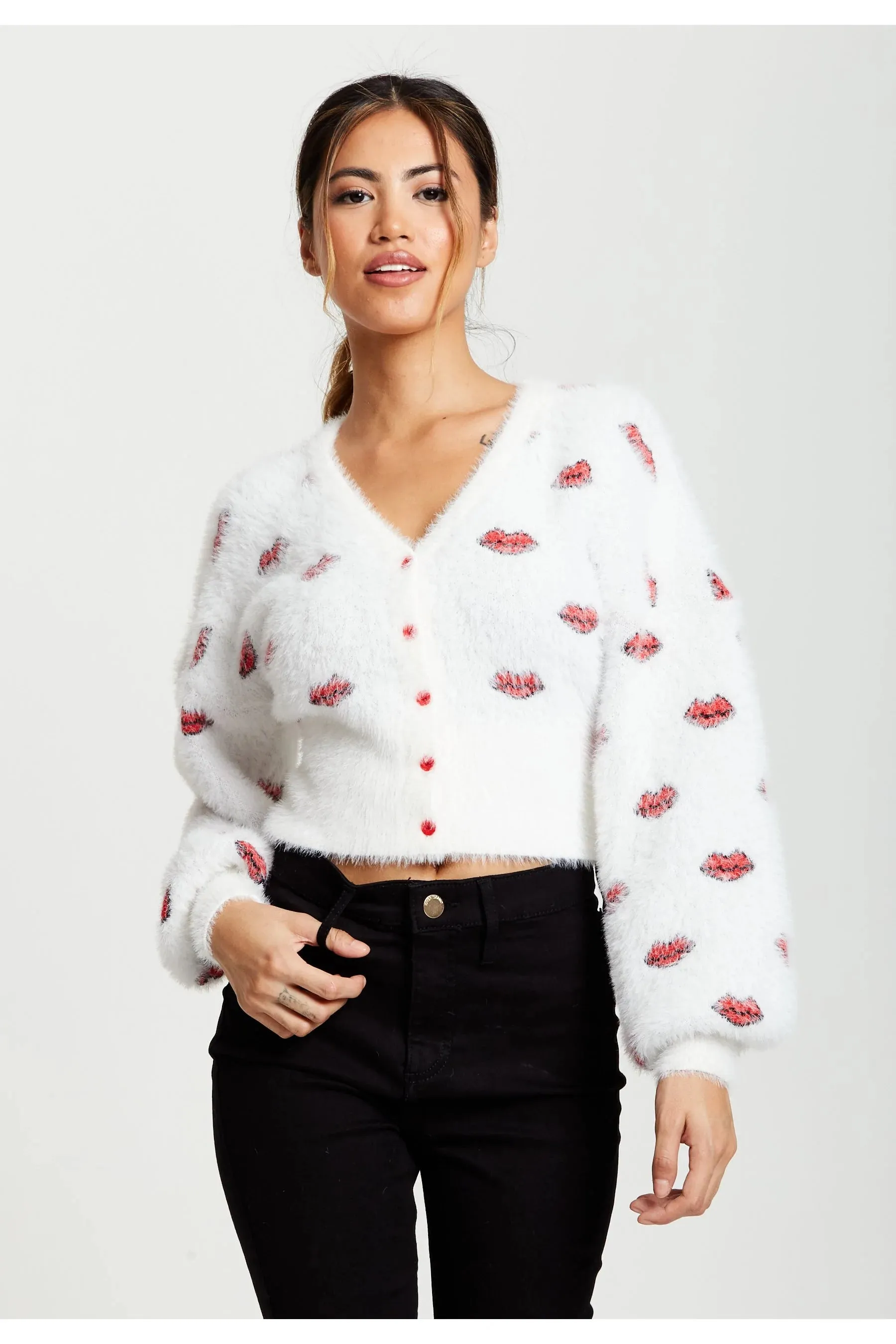 Liquorish Red Lip Pattern Fluffy Cardigan In White