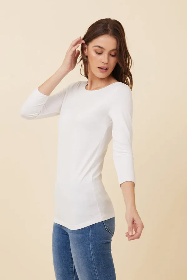 Majestic Soft Touch 3/4 Sleeve merrow Edge Boatneck in Blanc