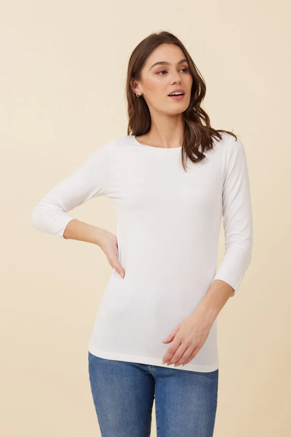 Majestic Soft Touch 3/4 Sleeve merrow Edge Boatneck in Blanc