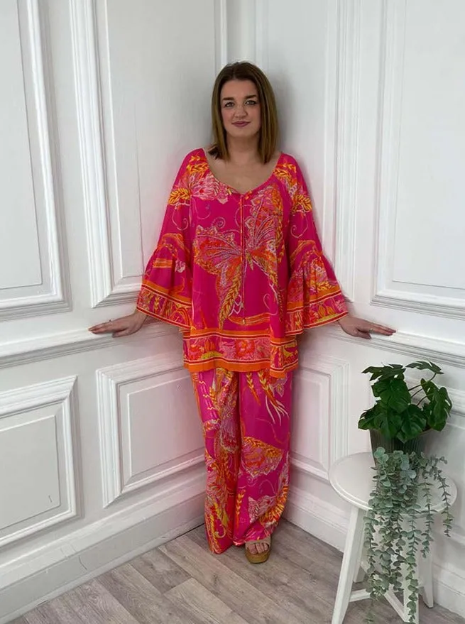 Malissa J Butterfly Print Kaftan Top - Hot Pink