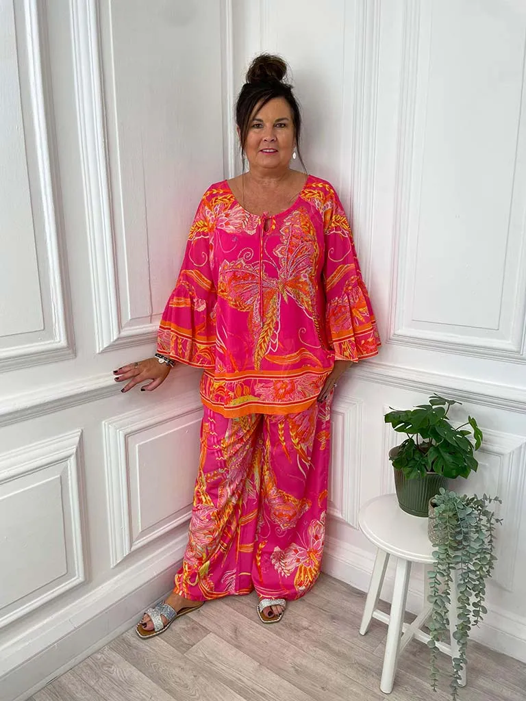 Malissa J Butterfly Print Kaftan Top - Hot Pink