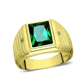 Men's Green EMERALD Band Ring with DIAMOND Accents 14K Fine Yellow Gold all sz