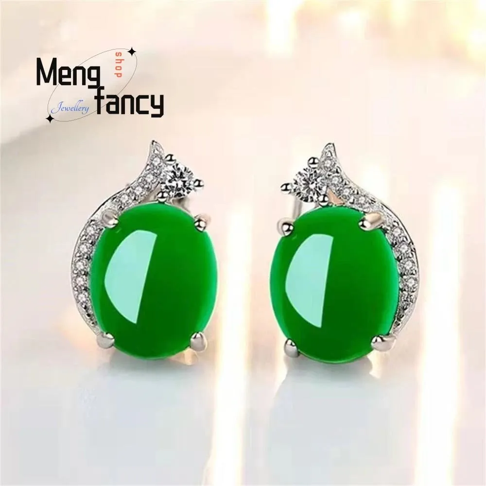 Natural Green Shade Chalcedony Round Earrings - S164676