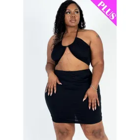 Plus Size Sexy Solid Crisscross Halter Top & Ruched Mini Skirt Set