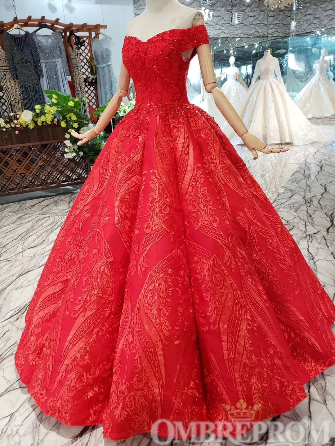 Red Ball Gown Off Shoulder Lace Up Prom Dresses with Sequins