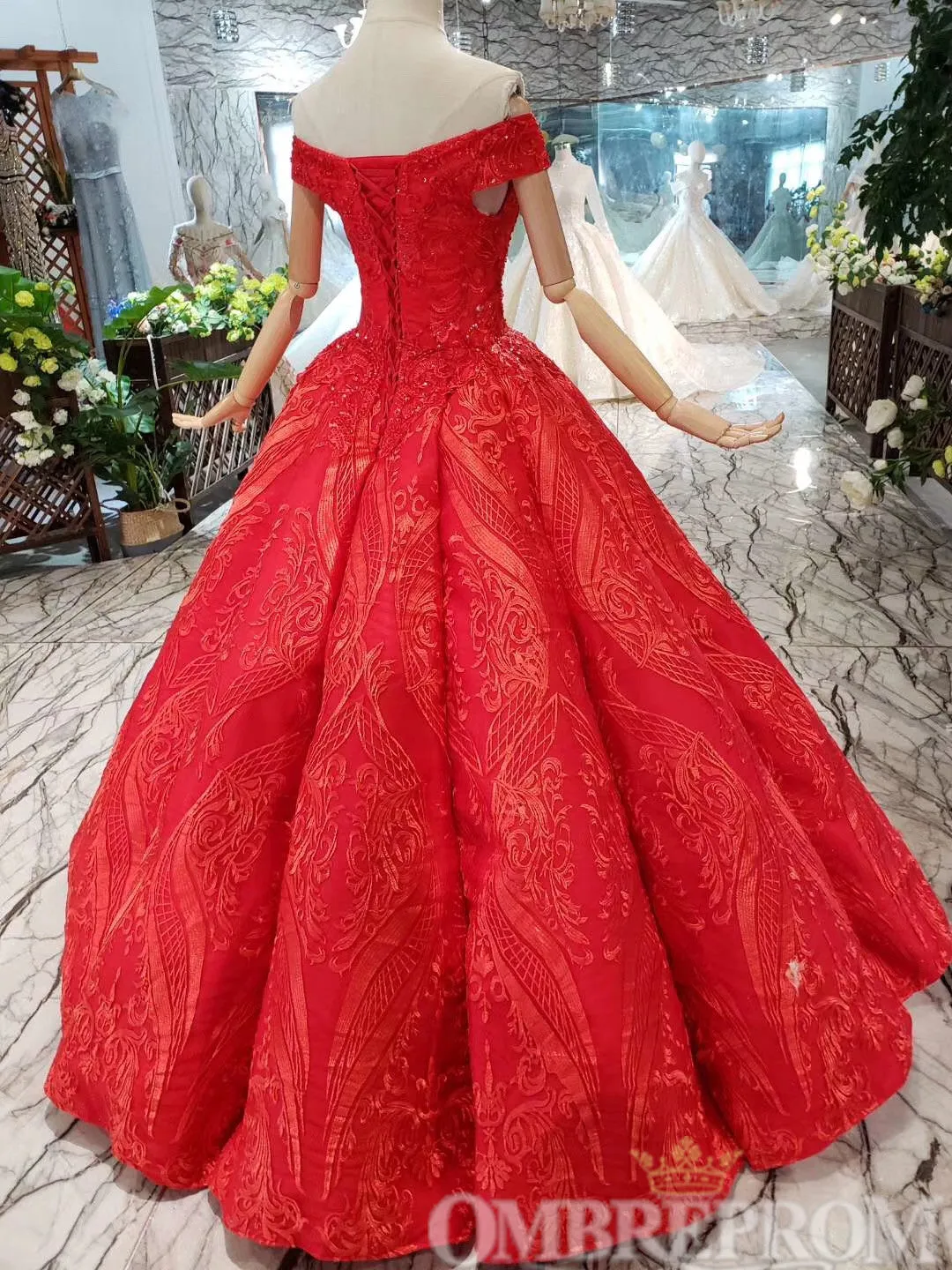 Red Ball Gown Off Shoulder Lace Up Prom Dresses with Sequins