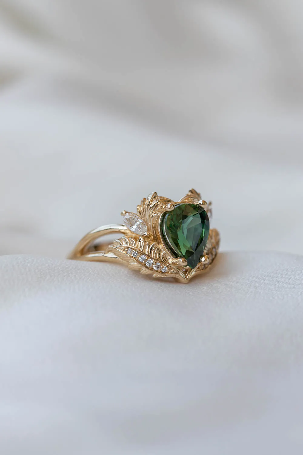 RESERVED: Adonis in 14K yellow gold, natural pear cut green sapphire 9x7 mm, diamonds, RING SIZE 6.75 US